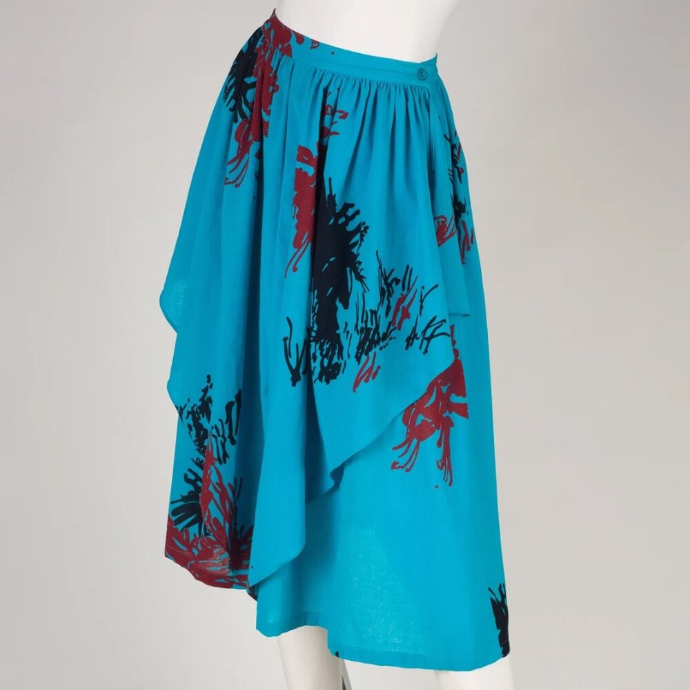 1970s Vintage French Graphic Blue Cotton High-Waisted Faux Culottes Skirt Sz XS
